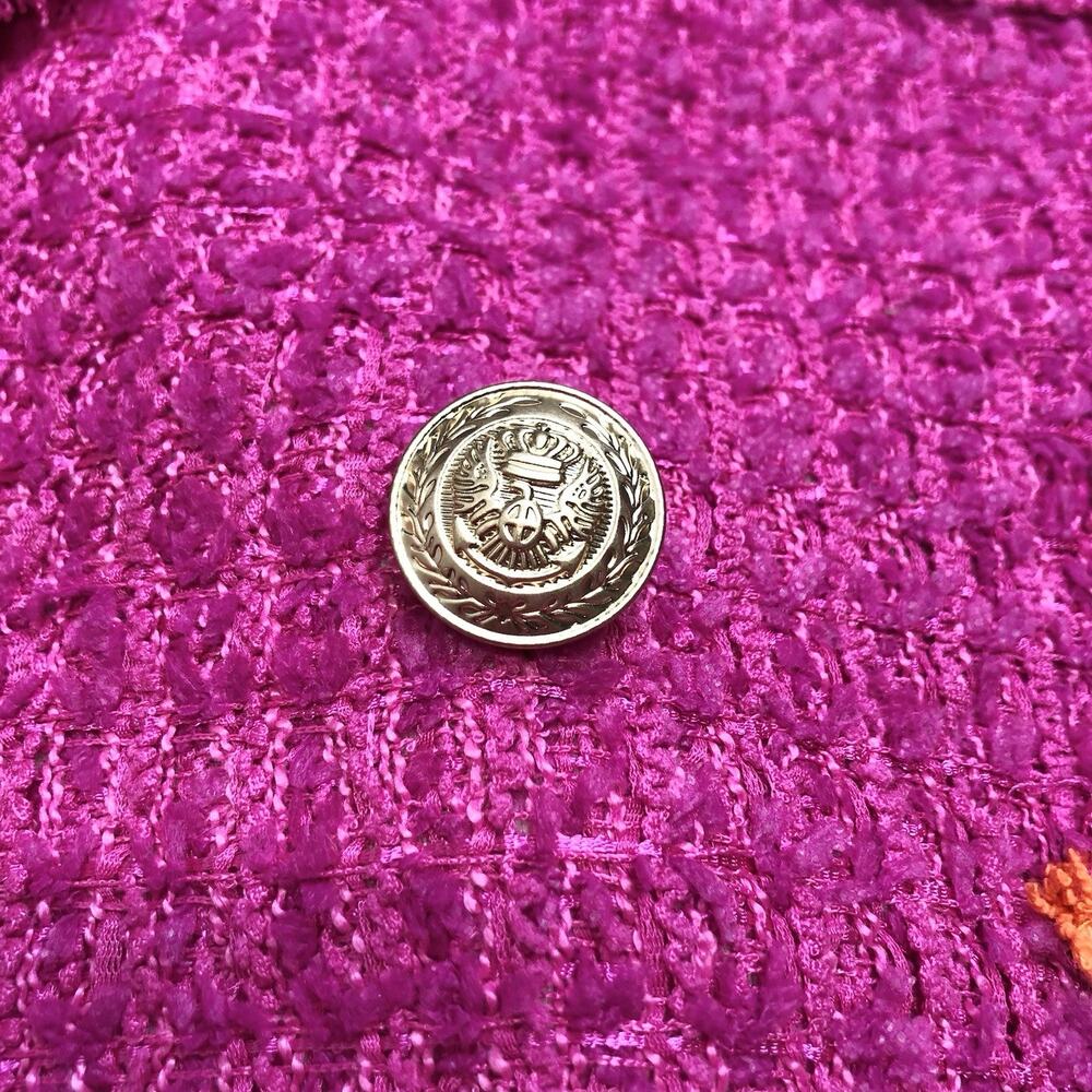 L'AGENCE Hot Pink Tweed Double-Breasted Blazer with Orange Trim - Picture 6 of 13